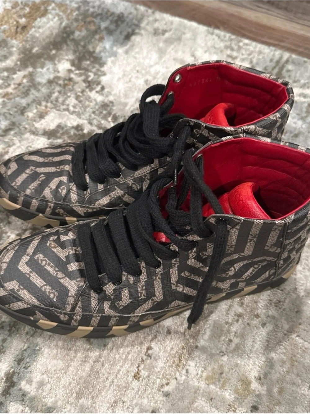 Gucci Black Gray Patterned High-Top Sneakers with Red Interior